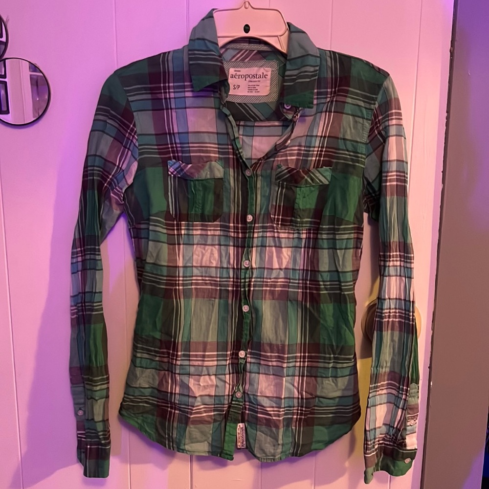 Blue and teal/green button down